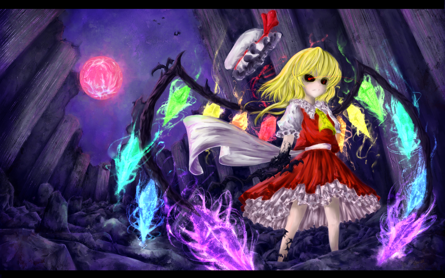 blonde_hair, flandre_scarlet, hat, moon, red_eyes, short_hair, sibanoue, touhou