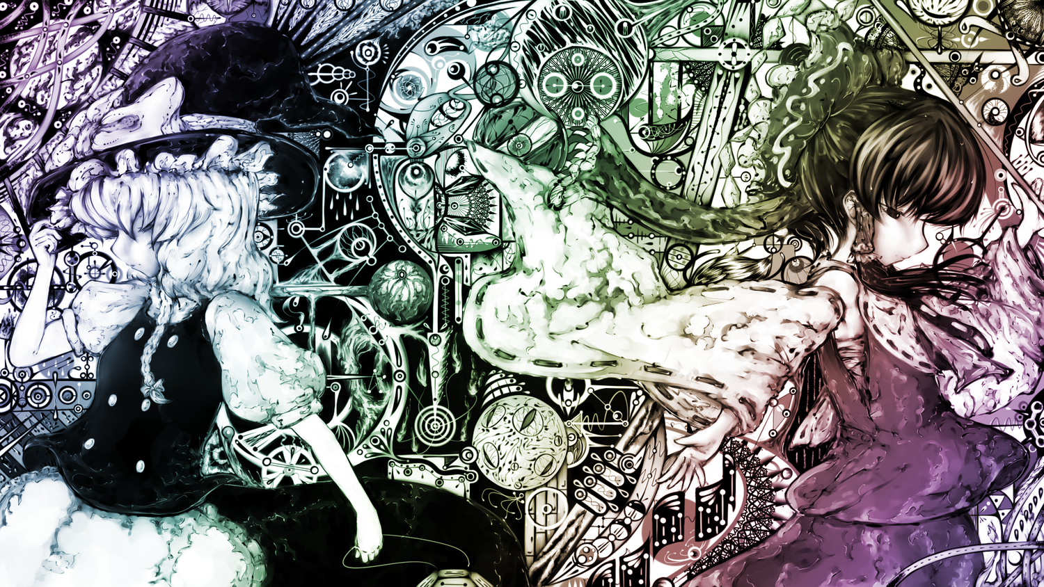 2girls, bow, braids, hakurei_reimu, hat, japanese_clothes, kirisame_marisa, miko, polychromatic, sibanoue, touhou, witch