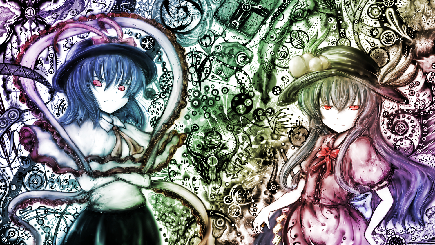 2girls, blue_hair, hat, hinanawi_tenshi, nagae_iku, red_eyes, sibanoue, touhou
