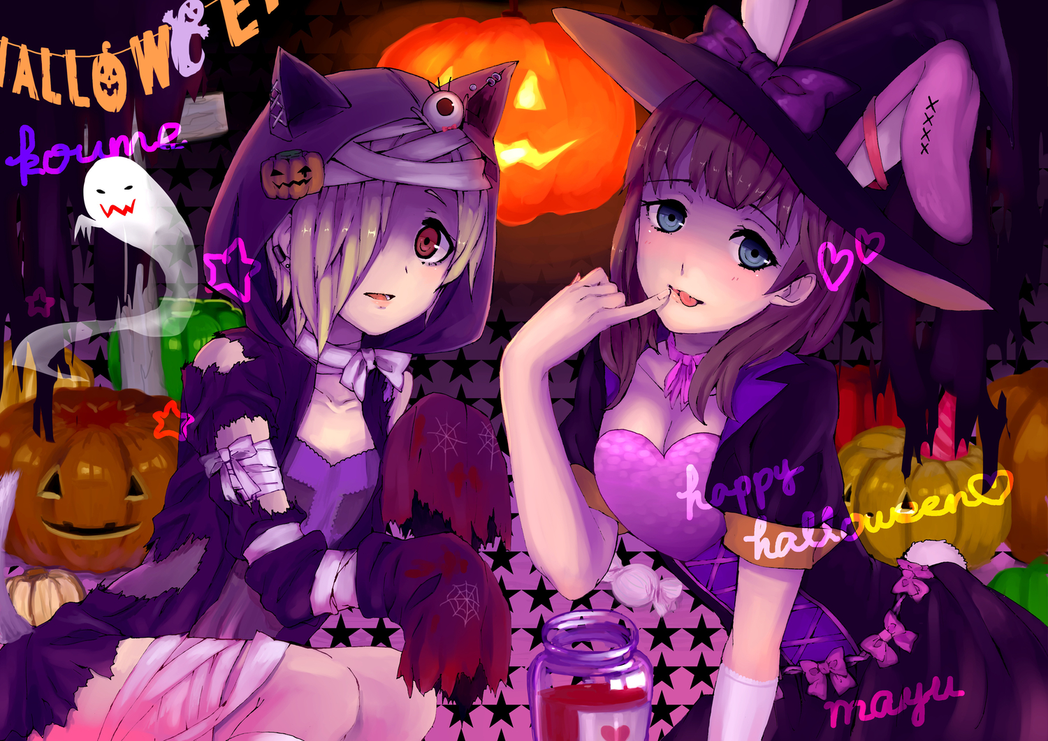animal_ears, blonde_hair, blue_eyes, blush, brown_hair, bunny_ears, bunnygirl, catgirl, halloween, hat, idolmaster, idolmaster_cinderella_girls, long_hair, red_eyes, sakuma_mayu, shirasaka_koume, short_hair