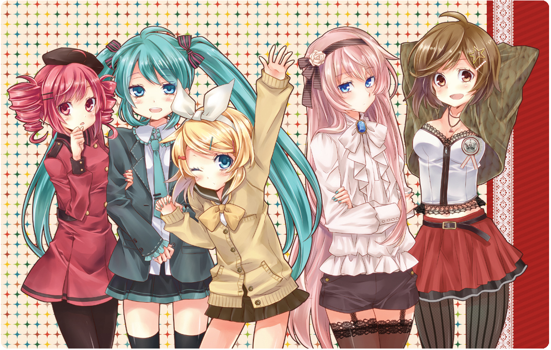 blush, hatsune_miku, kagamine_rin, kasane_teto, megurine_luka, meiko, mikippa, utau, vocaloid, wink, zettai_ryouiki