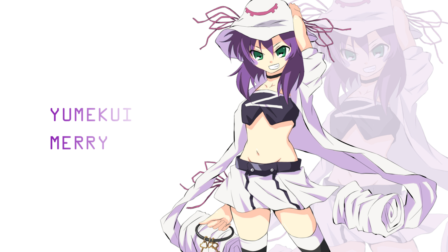 green_eyes, merry_nightmare, navel, purple_hair, suzumeko, thighhighs, yumekui_merry