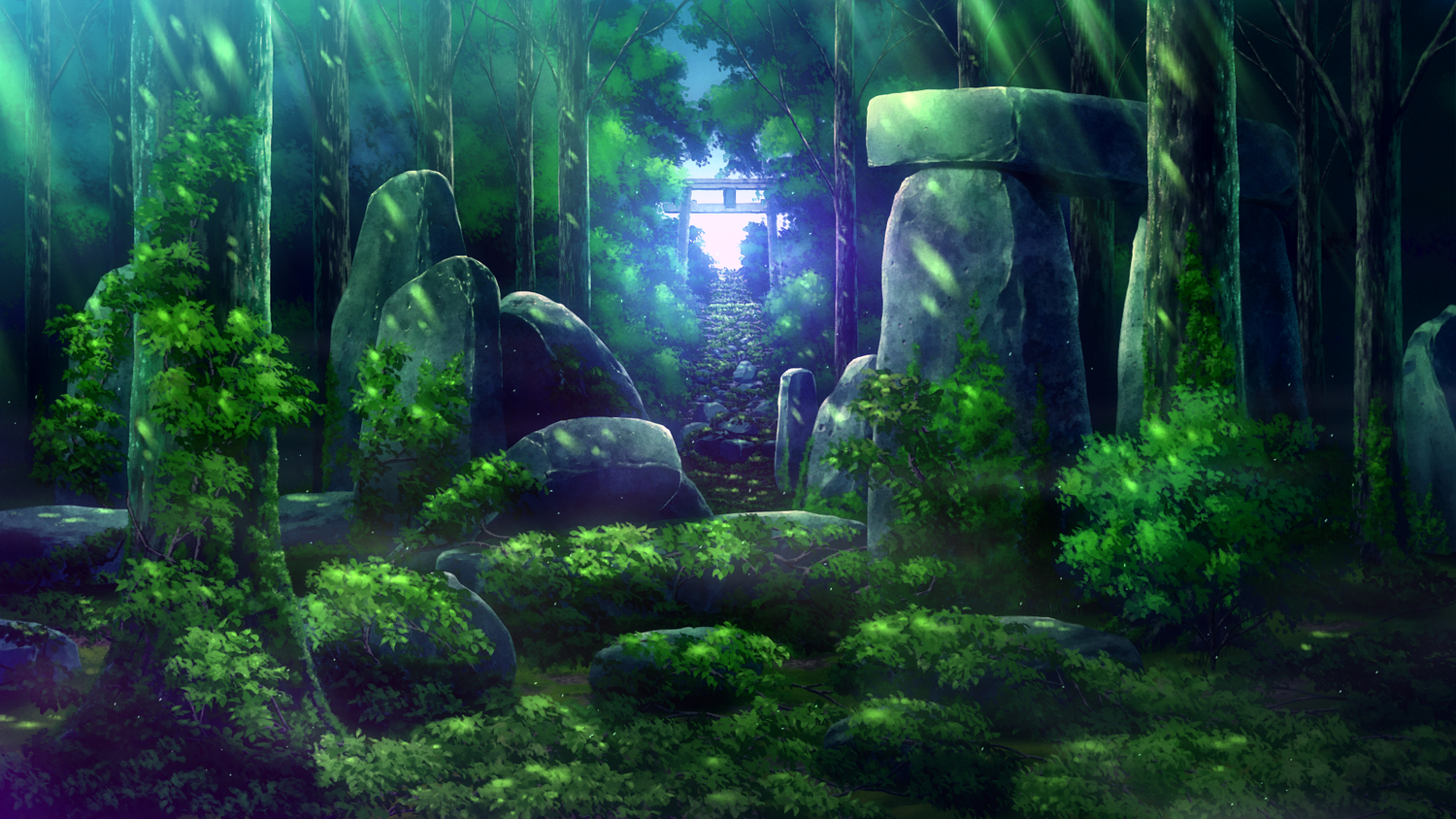forest, game_cg, no_humans, scenic, skyfish, stairs, torii, tree