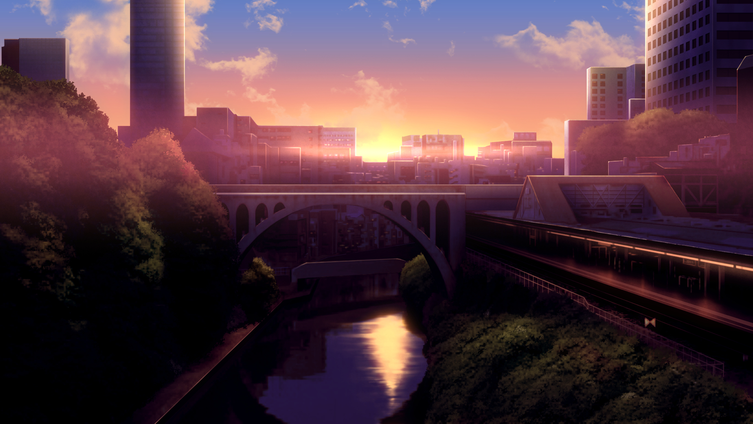 building, city, game_cg, no_humans, scenic, skyfish, sunset, tsukumo_no_kanade