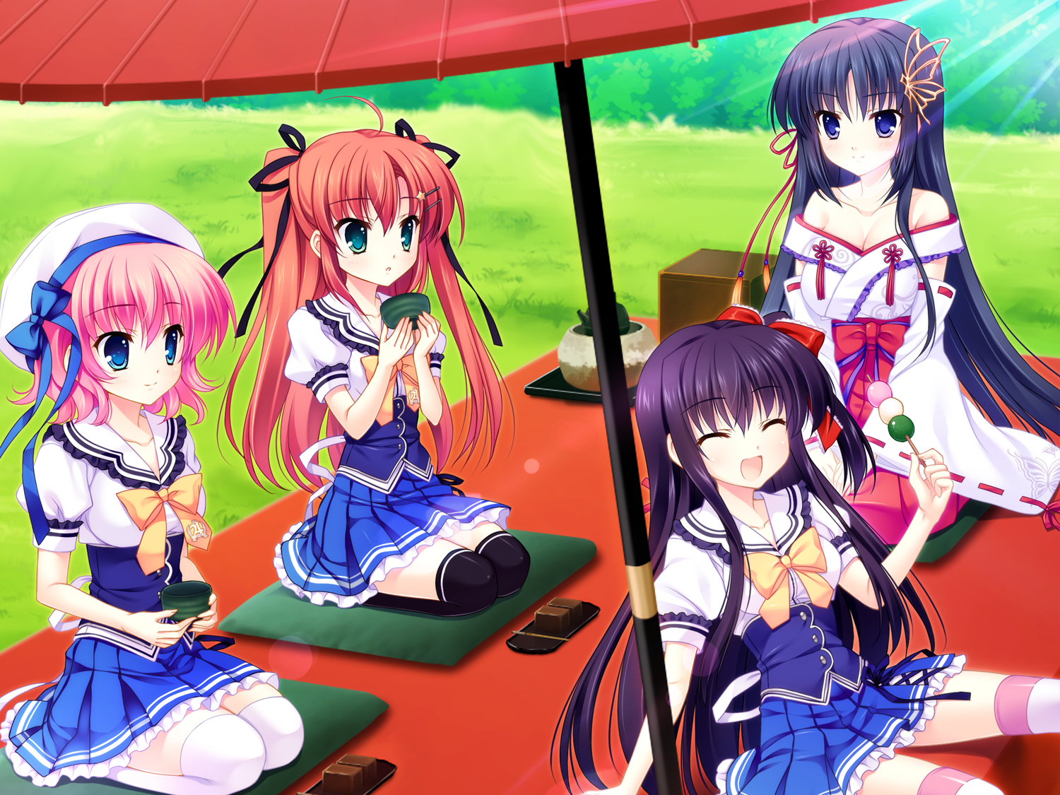 aqua_eyes, blue_eyes, food, game_cg, group, hat, himezono_risa, japanese_clothes