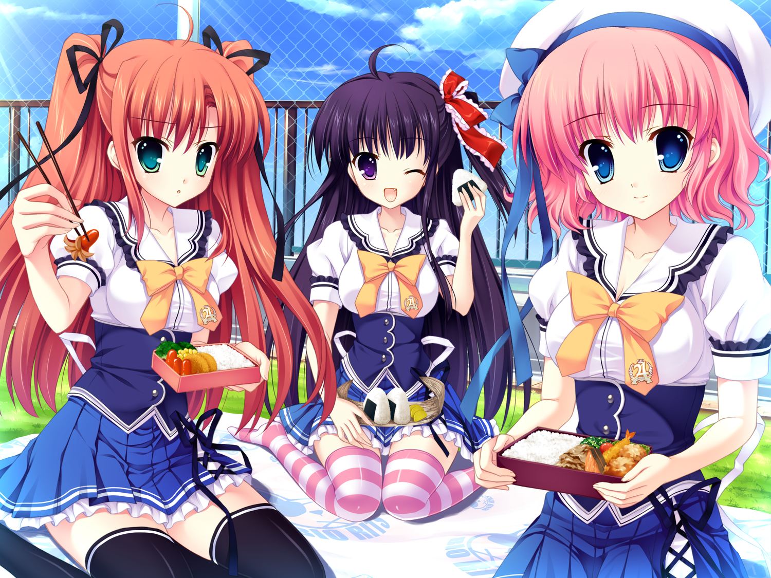 food, game_cg, himezono_risa, long_hair, mitha, nanawind, pink_hair, purple_hair, red_hair, school_uniform, short_hair, takasaki_honoka, thighhighs, yuyukana, yuyuzuki_ako