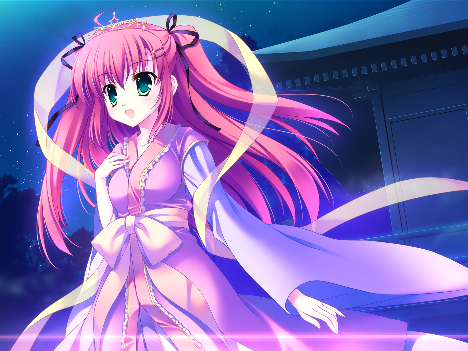 aqua_eyes, dress, game_cg, japanese_clothes, long_hair, mitha, nanawind, night, red_hair, stars, takasaki_honoka, yuyukana