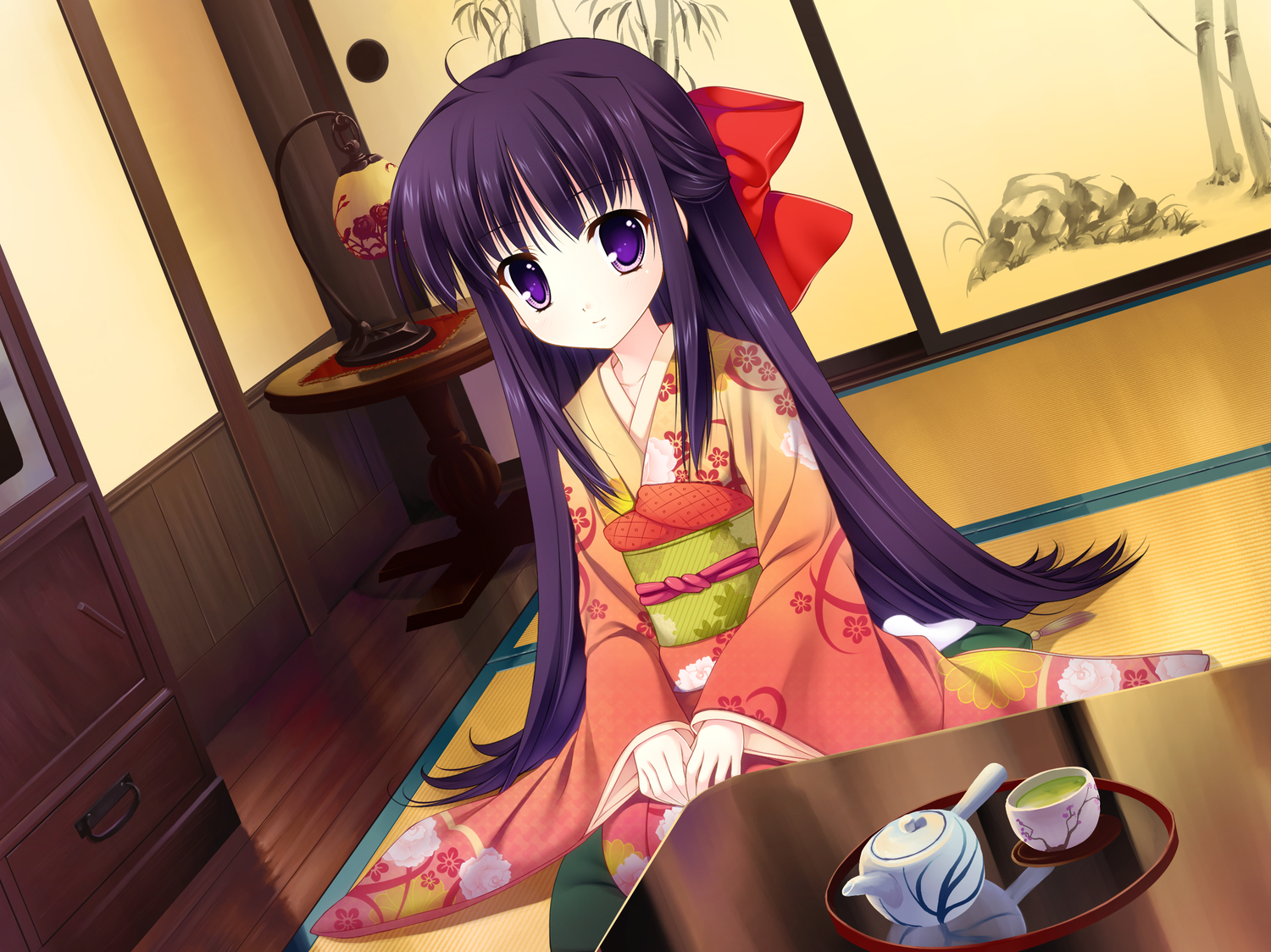 drink, game_cg, japanese_clothes, kimono, long_hair, mitha, nanawind, purple_eyes, purple_hair, yuyukana, yuyuzuki_ako