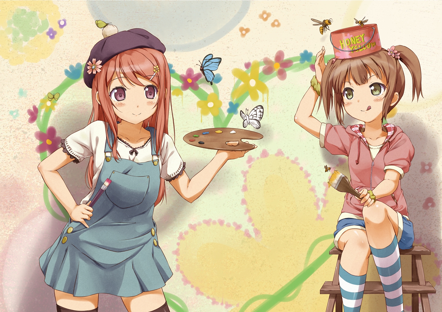 2girls, blush, brown_hair, butterfly, flowers, green_eyes, hat, kotobamaru, original, red_eyes, shorts, thighhighs, twintails