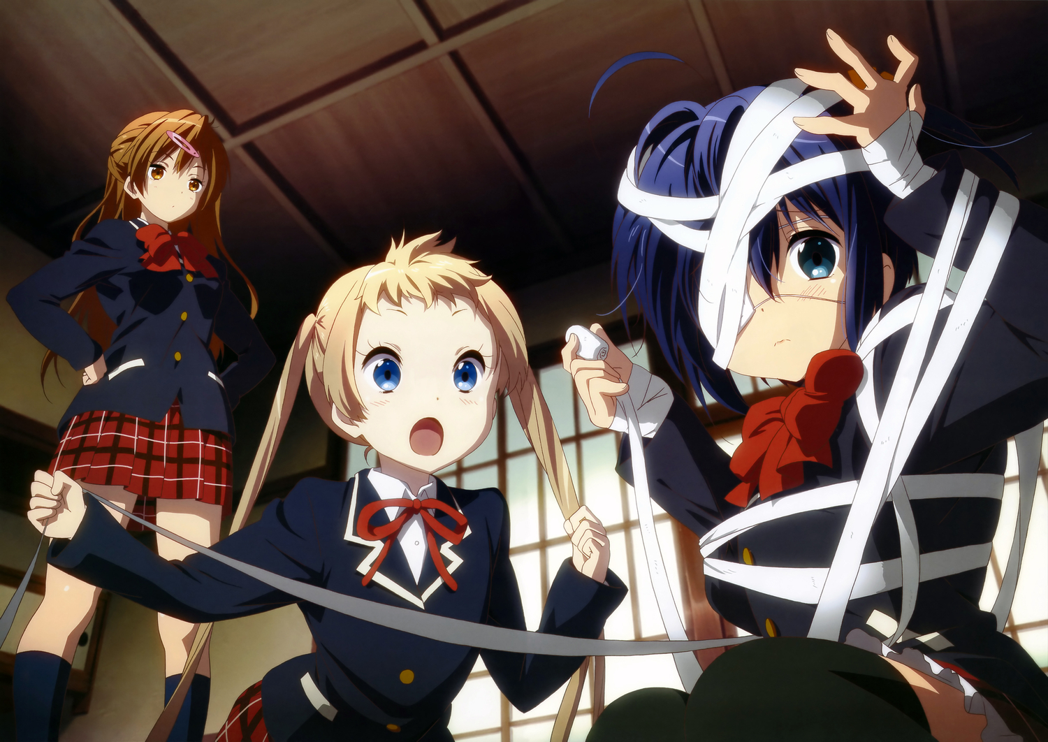 bandage, chuunibyou_demo_koi_ga_shitai!, dekomori_sanae, eyepatch, ikeda_kazumi, nibutani_shinka, scan, school_uniform