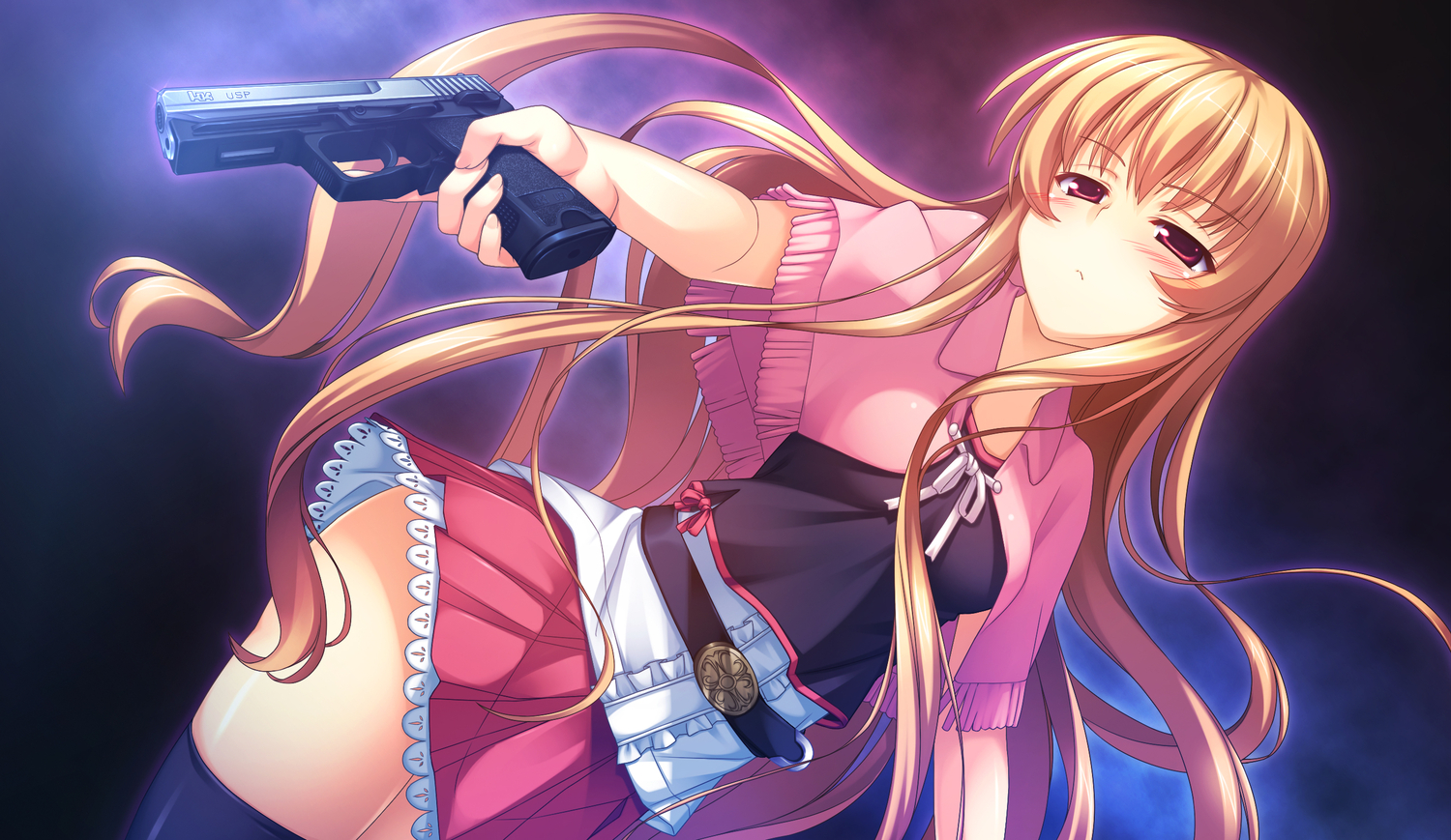 blonde_hair, game_cg, gun, long_hair, oogi_mina, racer_(magnet), sinclient, thighhighs, weapon