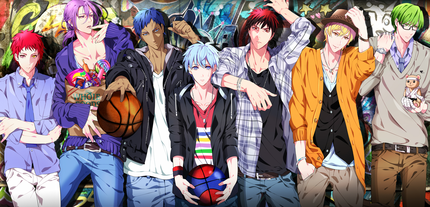 akashi_seijuurou, all_male, aomine_daiki, ball, basketball, food, group, hat