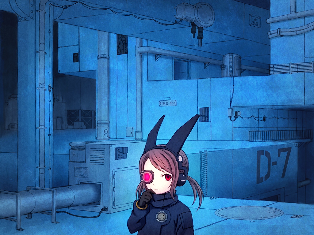 brown_hair, headphones, original, red_eyes, saiko_dagashi, twintails