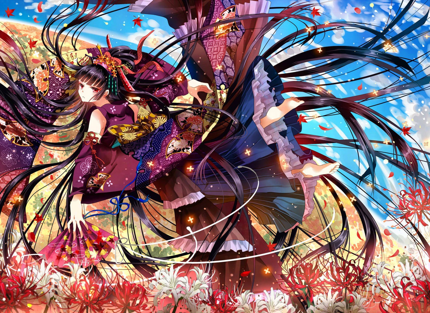 barefoot, fan, flowers, japanese_clothes, jpeg_artifacts, long_hair, nekozuki_yuki, original