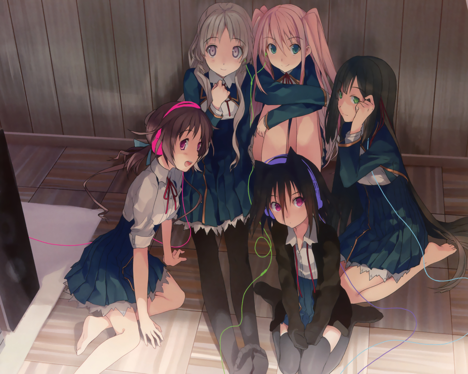 akinashi_yuu, aomi_isara, headphones, kiba_mifuyu, koi_to_senkyo_to_chocolate, morishita_michiru, pantyhose, school_uniform, shinonome_satsuki, sumiyoshi_chisato, thighhighs