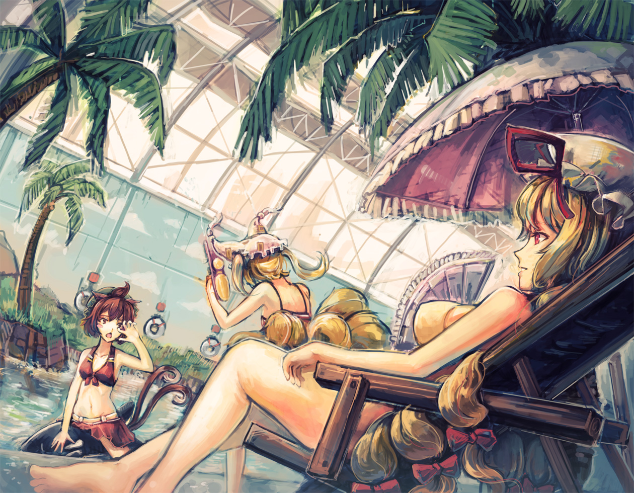 animal_ears, bikini, blonde_hair, blush, brown_eyes, brown_hair, catgirl, chen