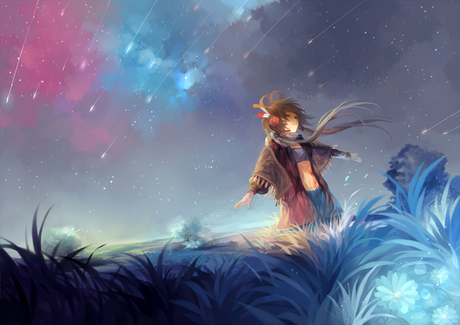 brown_hair, flowers, grass, long_hair, luo_tianyi, night, sky, stars, tang_elen, tattoo, tree, twintails, vocaloid, vsinger