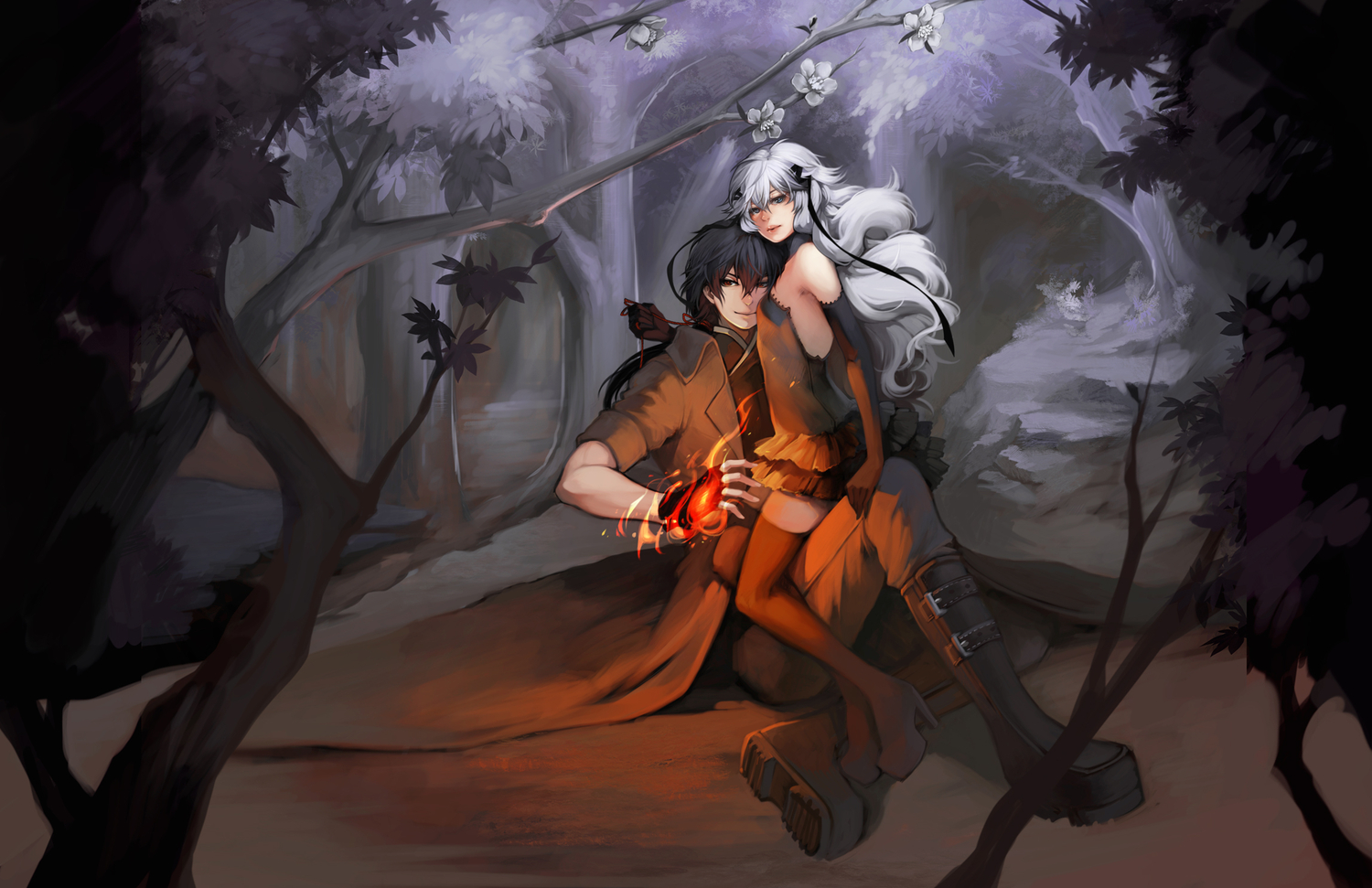 black_hair, blue_eyes, boots, elbow_gloves, fire, gloves, long_hair, na_young_lee, original, thighhighs, white_hair