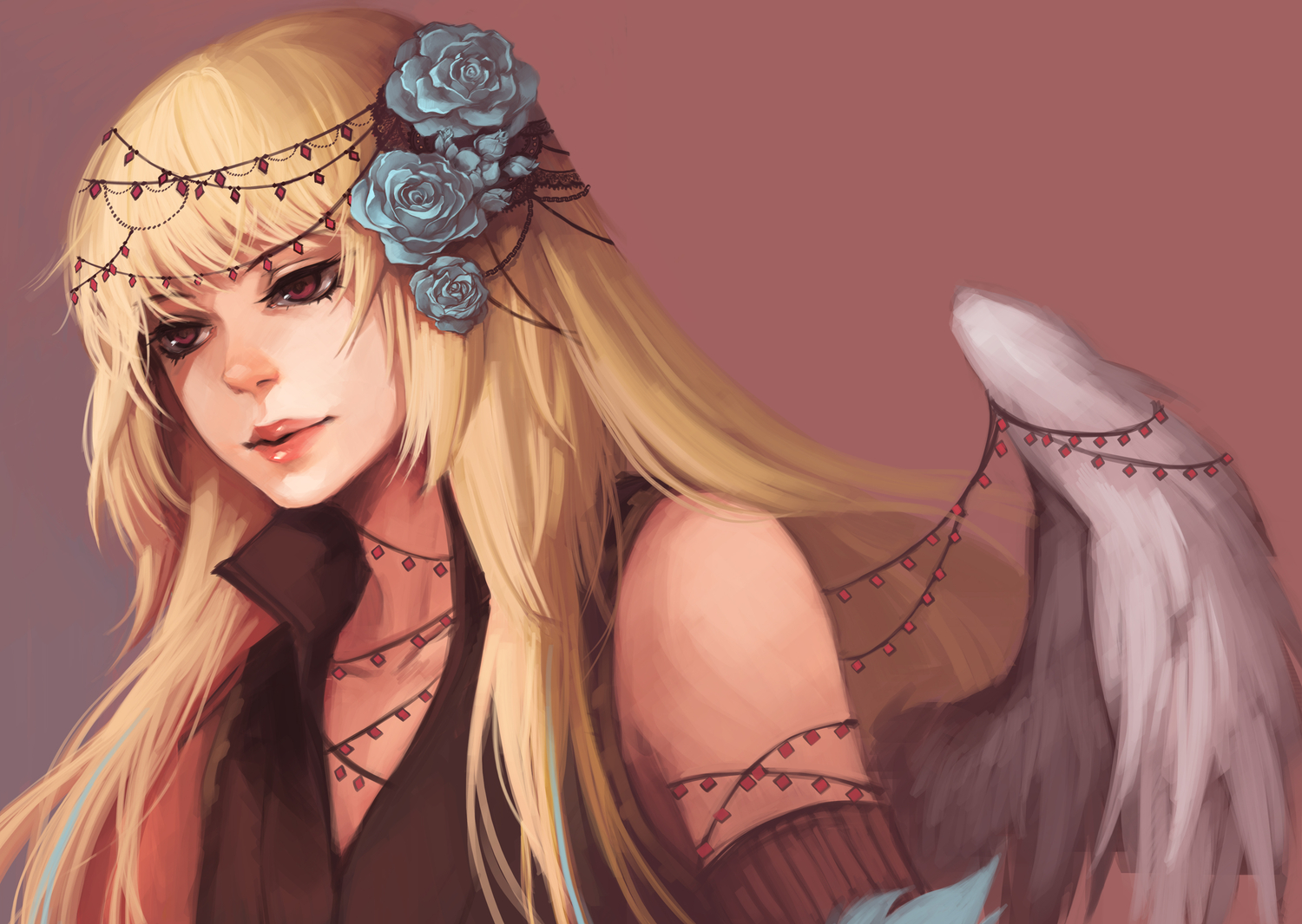 blonde_hair, flowers, long_hair, na_young_lee, original, red_eyes, wings