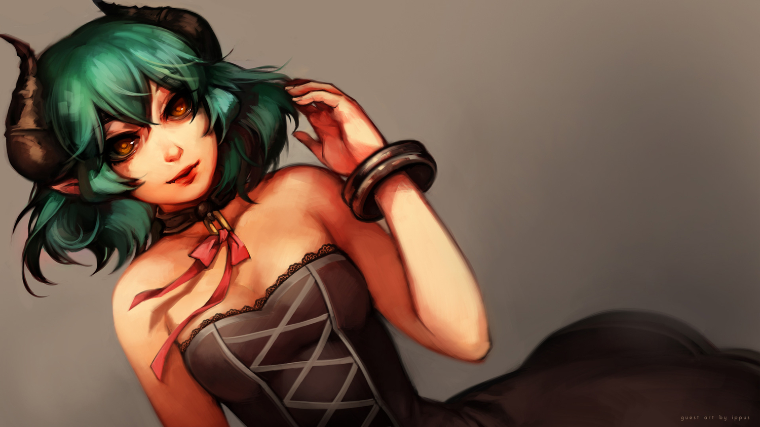 choker, dress, green_hair, horns, juniper's_knot, na_young_lee, pointed_ears, short_hair