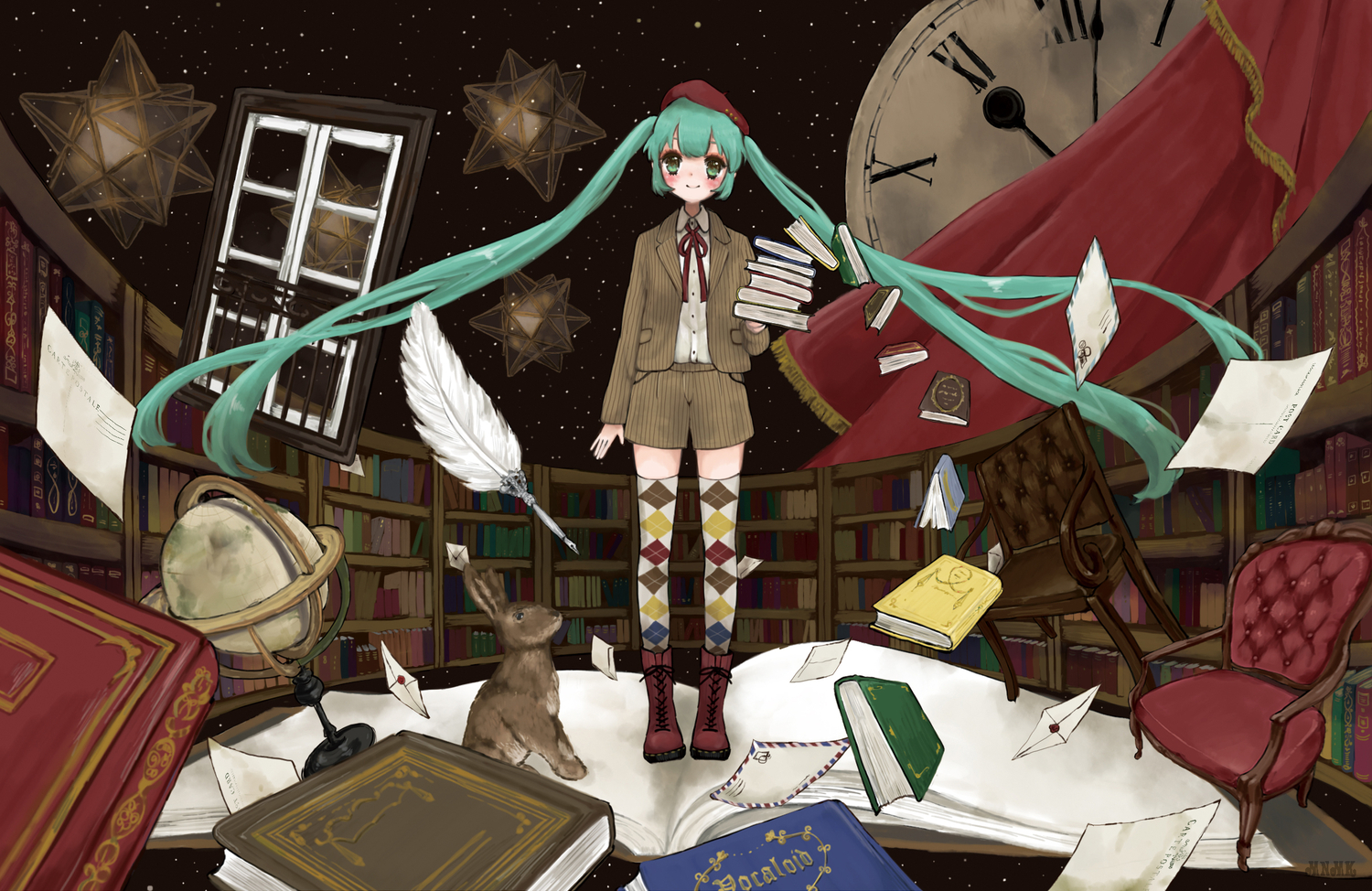 book, boots, green_eyes, green_hair, hat, hatsune_miku, long_hair, mnmktn, twintails, vocaloid