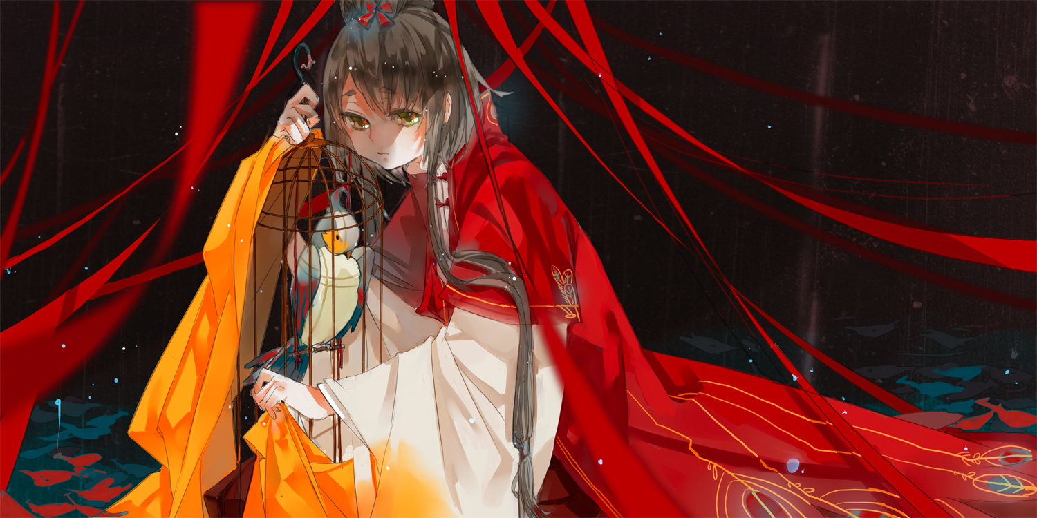 animal, bird, cage, chinese_clothes, gray_hair, long_hair, luo_tianyi, ribbons