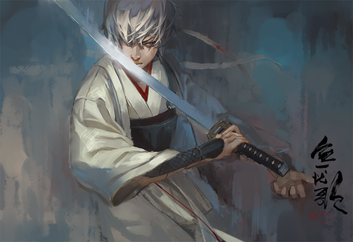 all_male, gintama, gray_hair, japanese_clothes, katana, male, red_eyes, sakata_gintoki, sword, weapon, xiayu93