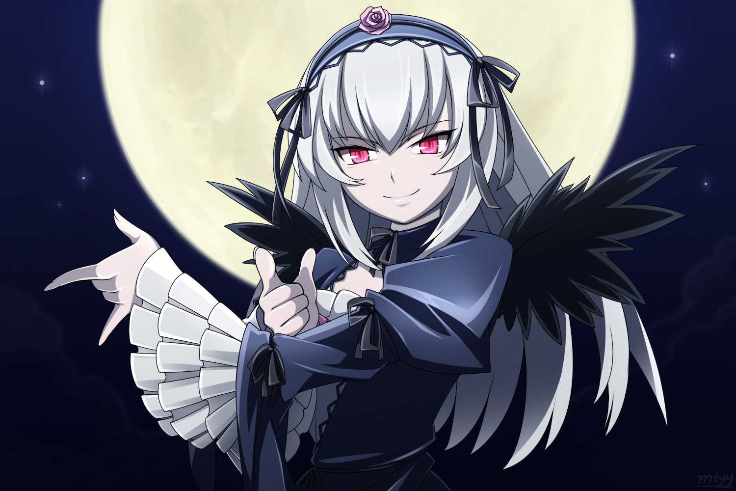 feathers, flowers, goth-loli, gray_hair, headdress, lolita_fashion, moon, mtyy