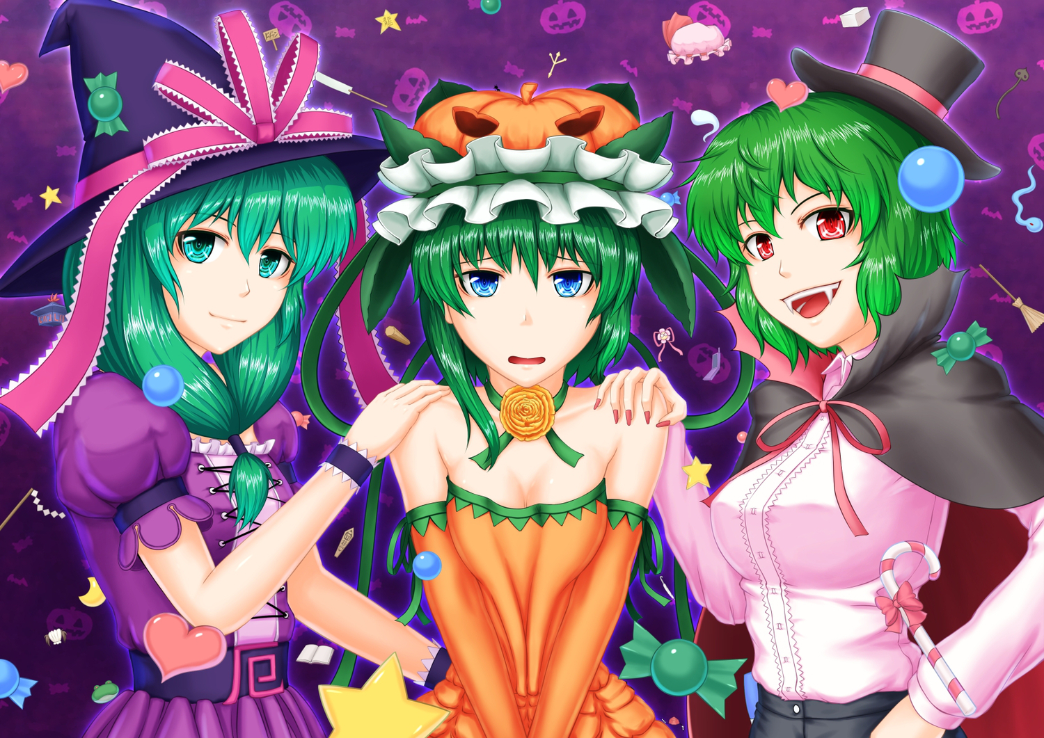 blue_eyes, book, candy, cape, choker, elbow_gloves, fang, gloves, green_eyes, green_hair, halloween, hat, kagiyama_hina, kazami_yuuka, long_hair, nazal, pumpkin, red_eyes, shiki_eiki, touhou, weapon, witch_hat
