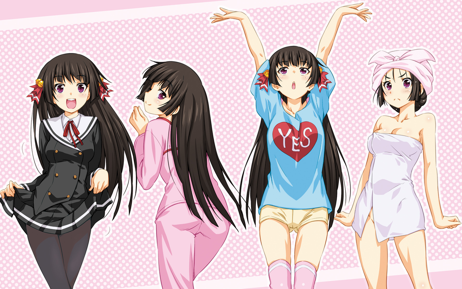 himenokouji_akiko, kazuma_muramasa, onii-chan_dakedo_ai_sae_areba_kankei_naiyo_ne, pajamas, school_uniform, tagme, towel