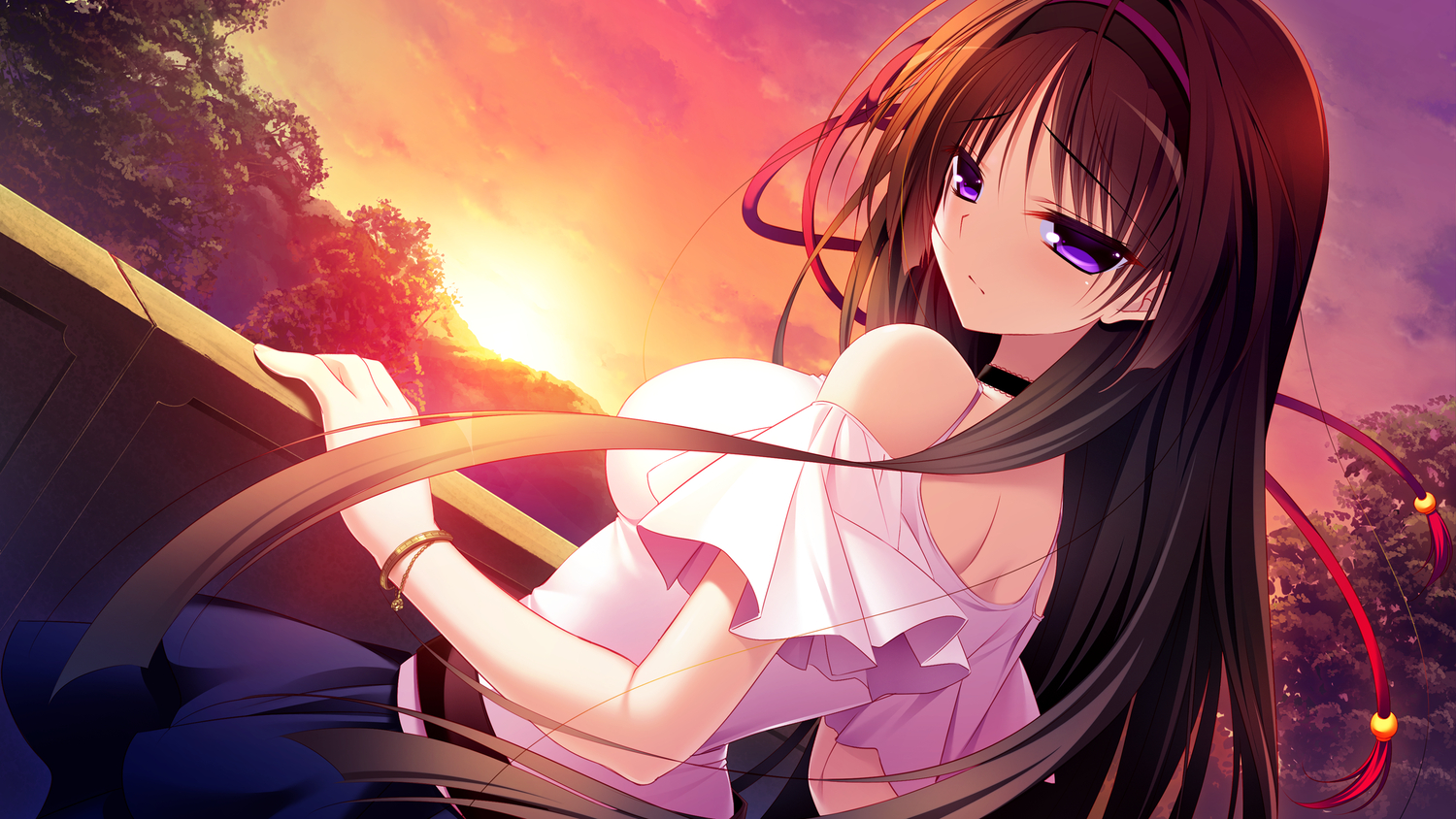 front_wing, game_cg, kuchifusa_yogiri, long_hair, nanaca_mai, pure_girl, purple_eyes, sunset