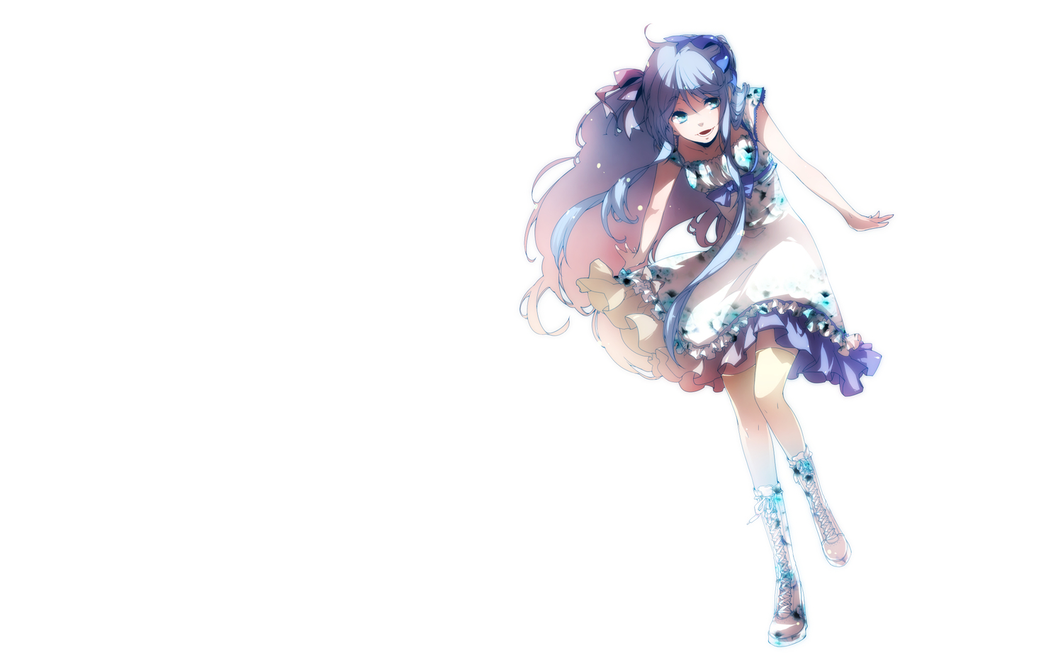blue_eyes, blue_hair, boots, dress, long_hair, mirunai, original, white