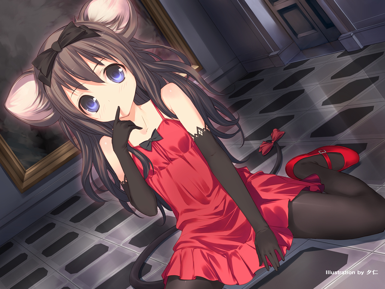 animal_ears, blue_eyes, brown_hair, dress, mousegirl, original, pantyhose, tail, uni, watermark