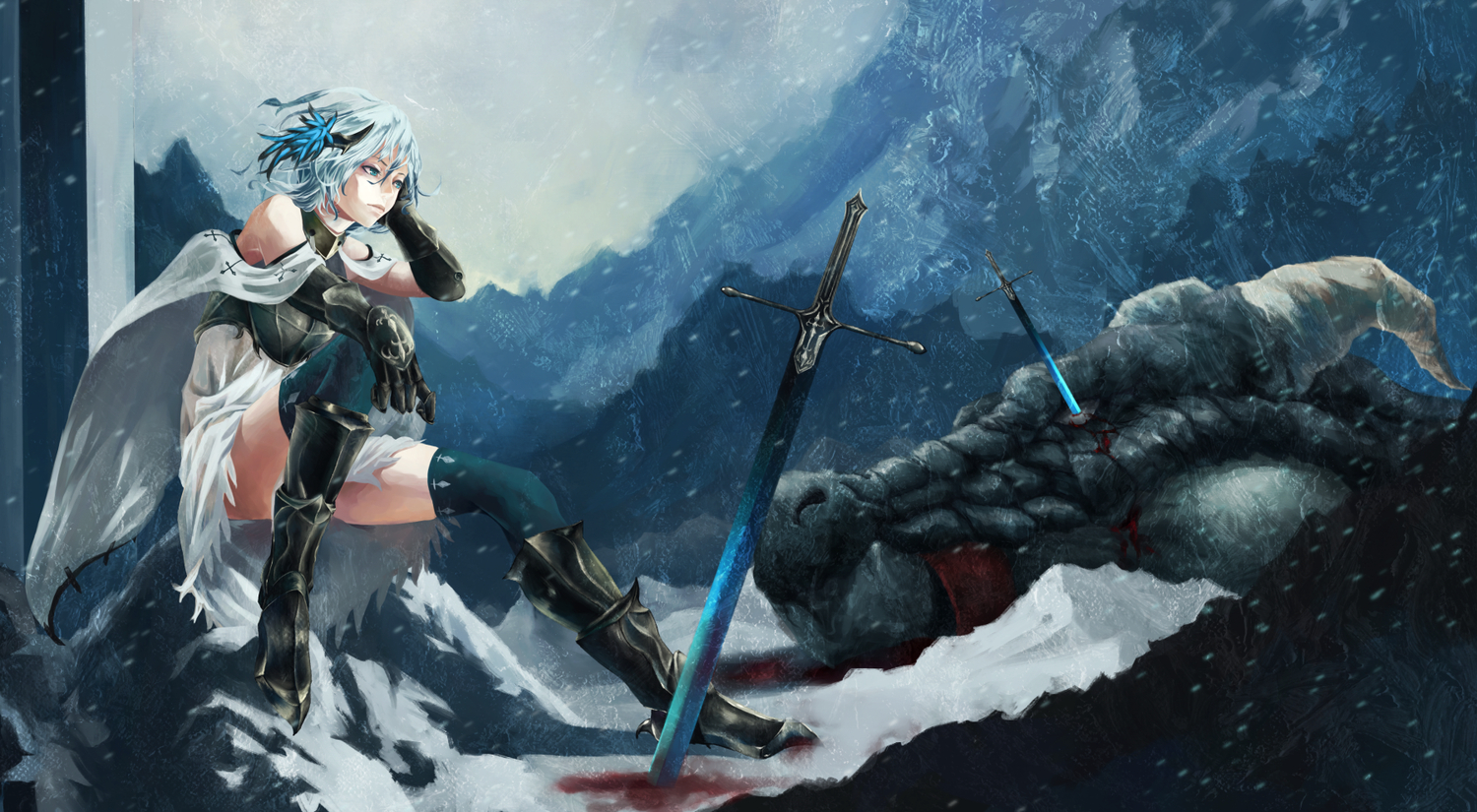 akaikitsune, armor, blood, blue_eyes, blue_hair, boots, cape, dragon, original, short_hair, snow, sword, weapon