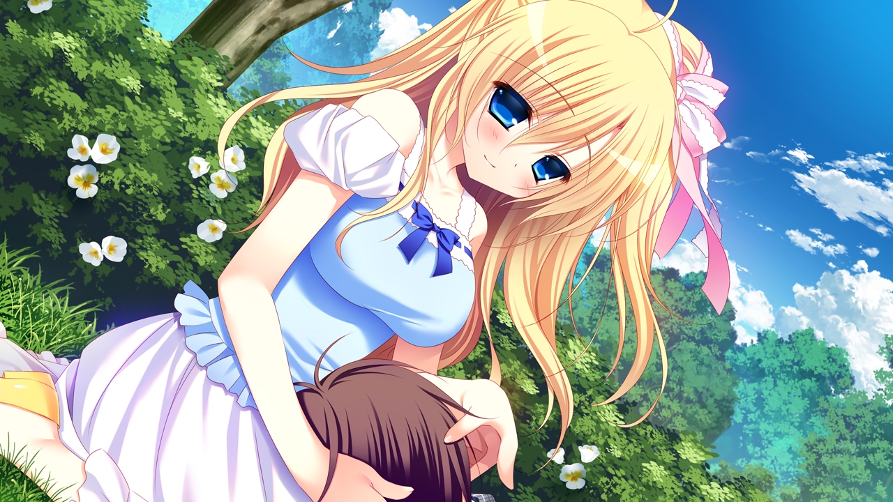 blonde_hair, blue_eyes, blush, front_wing, game_cg, mekami_suzu, nanaca_mai, pure_girl
