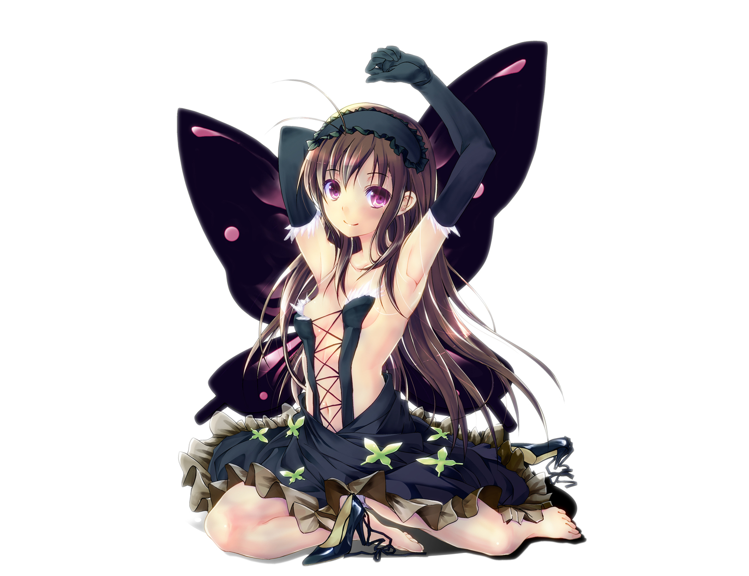accel_world, barefoot, brown_hair, butterfly, dress, elbow_gloves, gloves, hasshin_aki_ichi