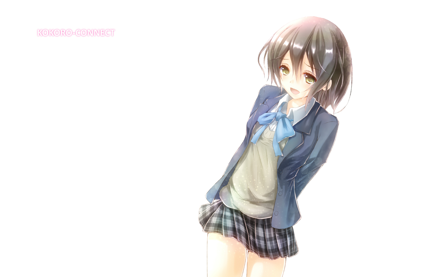 asahi_(ge_nyu), black_hair, bow, inaba_himeko, kokoro_connect, school_uniform, short_hair, skirt, tears, yellow_eyes
