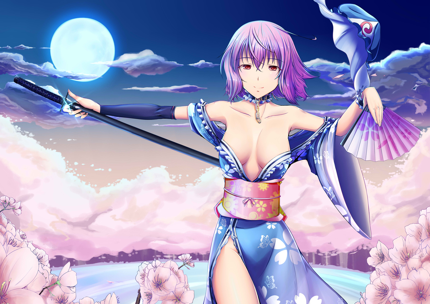 breasts, cleavage, fan, flowers, hat, japanese_clothes, kimono, moon, saigyouji_yuyuko, sword, touhou, tsugaru_(co-walker), weapon