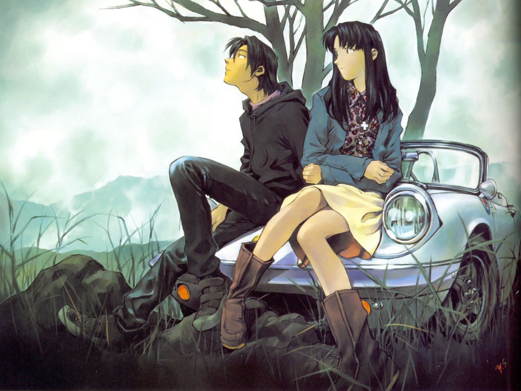 car, katsuragi_misato, male, neon_genesis_evangelion, ryoji_kaji, sadamoto_yoshiyuki