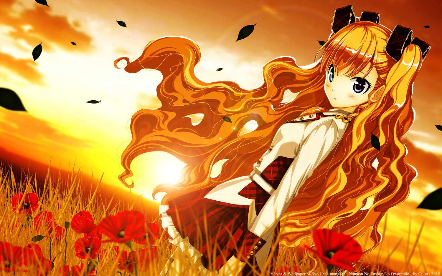 flowers, furumiya_elis, nanatsu_no_fushigi_no_owarutoki, sunset, twintails, ueda_ryou
