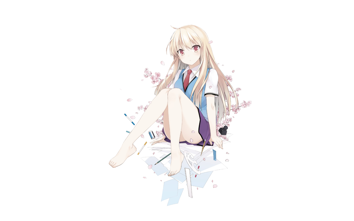 barefoot, blonde_hair, flowers, kusano_houki, long_hair, red_eyes, sakura-sou_no_pet_na_kanojo, school_uniform, shiina_mashiro, tie