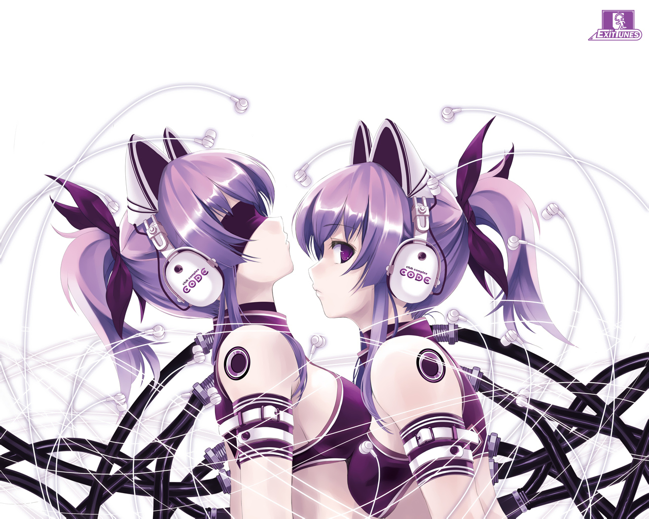 2girls, animal_ears, blindfold, cradle, exit_tunes, headphones, misaki_kurehito, ponytail, purple, purple_eyes, purple_hair, techgirl, twins, white