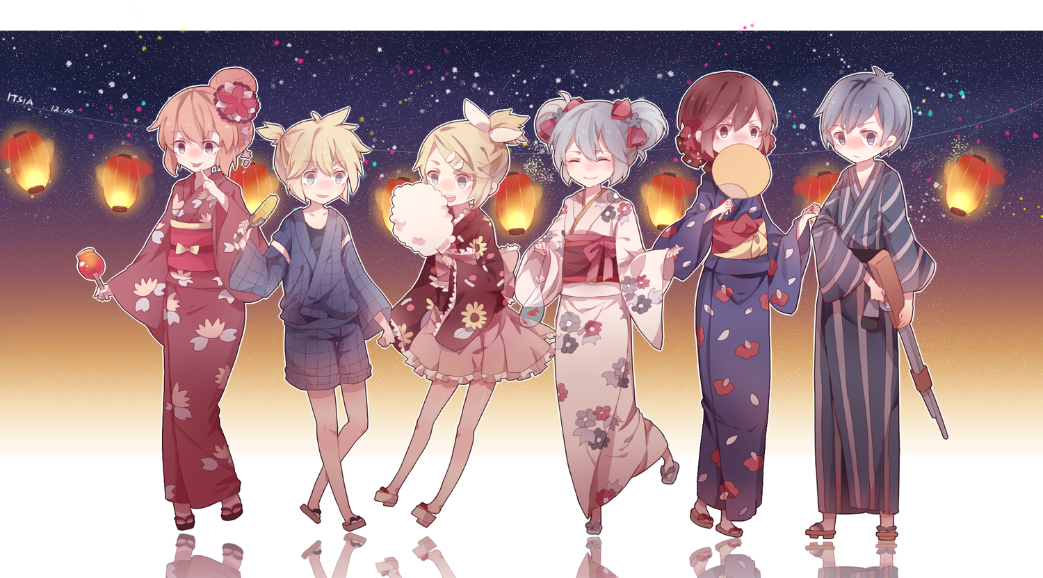food, group, hatsune_miku, itsia, japanese_clothes, kagamine_len, kagamine_rin, kaito
