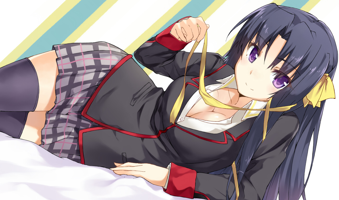 black_hair, breasts, cccpo, cleavage, kurugaya_yuiko, little_busters!, long_hair, purple_eyes, ribbons, school_uniform, skirt, zettai_ryouiki