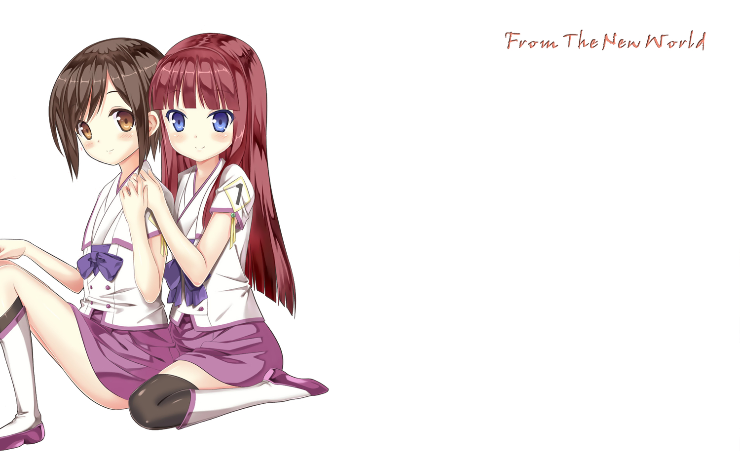 akizuki_maria, blue_eyes, brown_eyes, brown_hair, imo_(ryokyou), long_hair, red_hair, school_uniform, shin_sekai_yori, short_hair, thighhighs, watanabe_saki, white