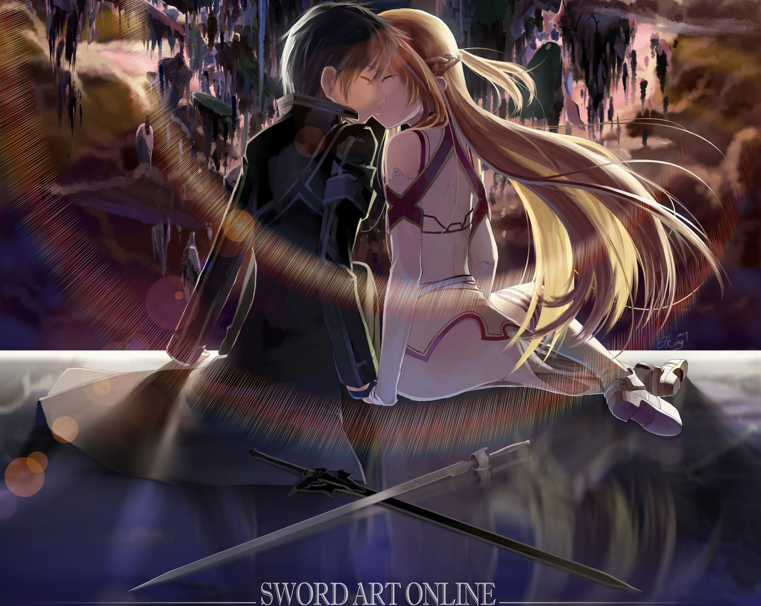 black_hair, blonde_hair, clouds, kirigaya_kazuto, kiss, long_hair, okingjo, short_hair, signed, sword, sword_art_online, thighhighs, weapon, yuuki_asuna