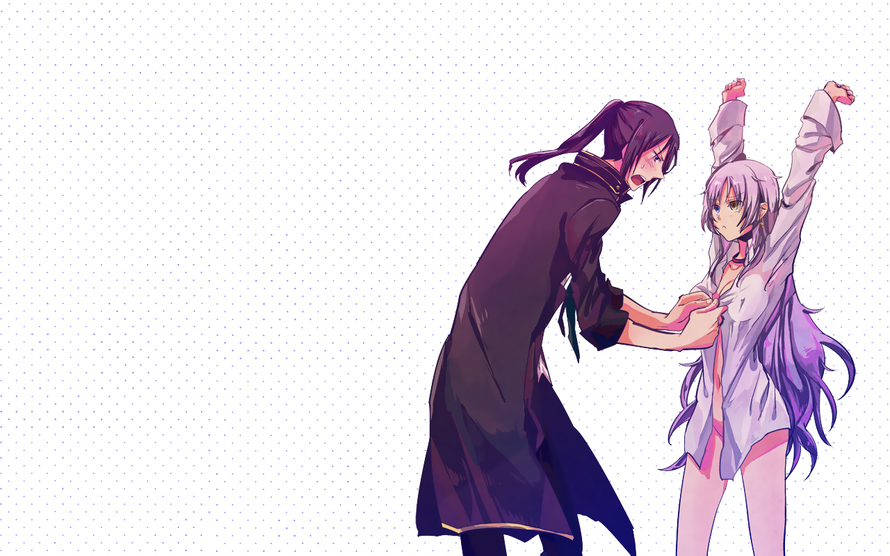 bicolored_eyes, black_hair, blush, collar, ishiwari, k_(anime), long_hair, naked_shirt