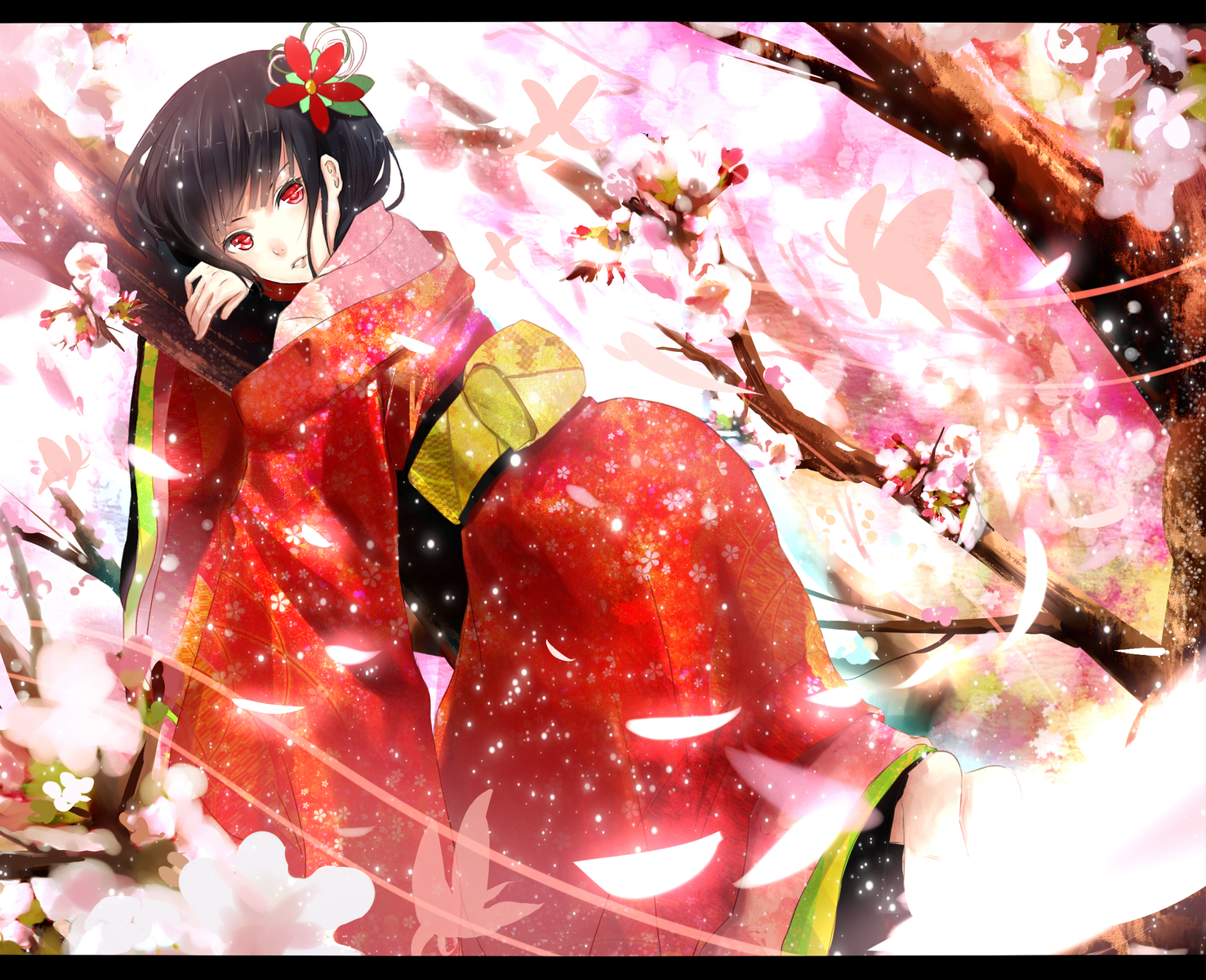 black_hair, butterfly, japanese_clothes, kimono, original, red_eyes, reio_(reio_reio)