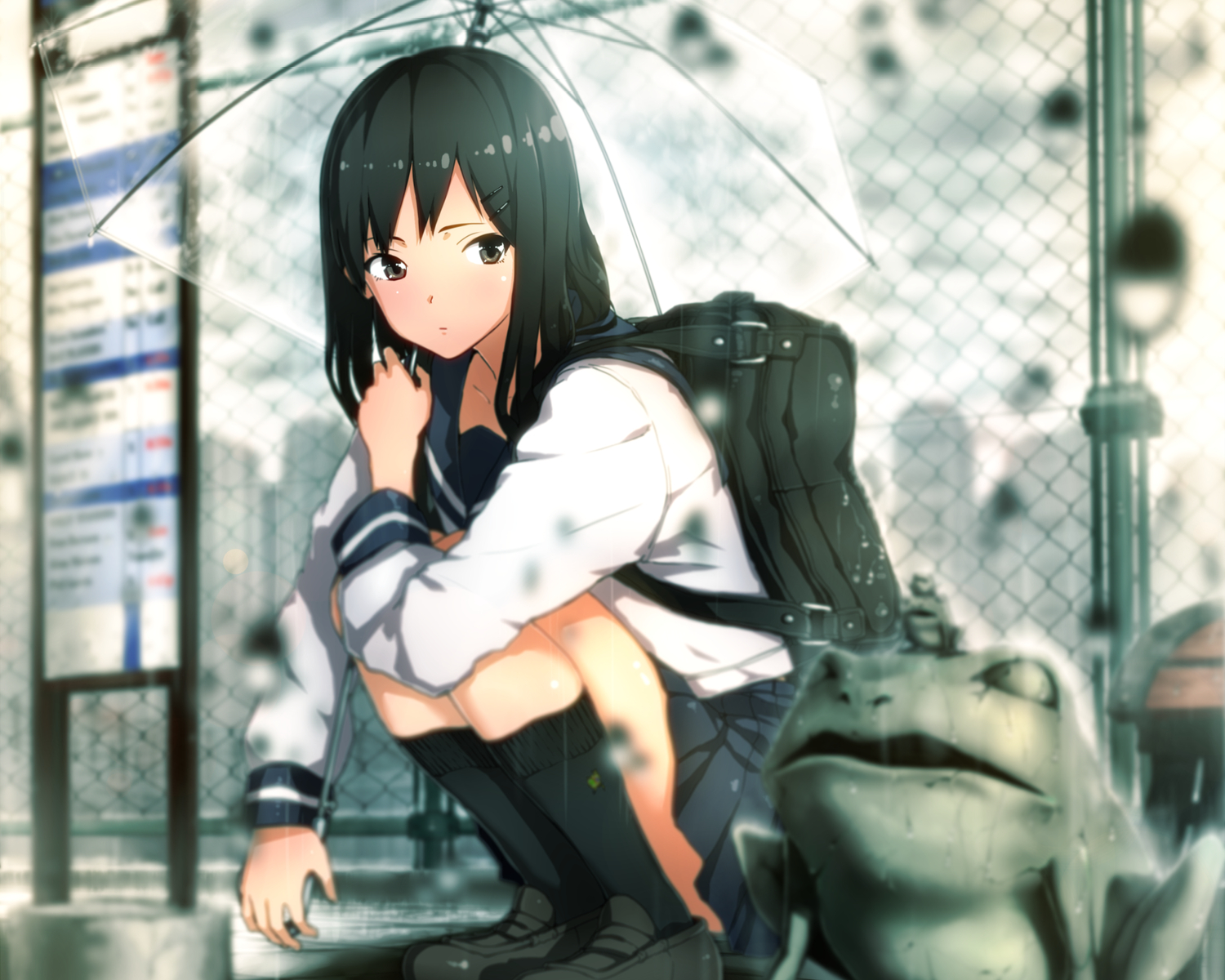 black_hair, kinniku1234, original, rain, school_uniform, umbrella, water