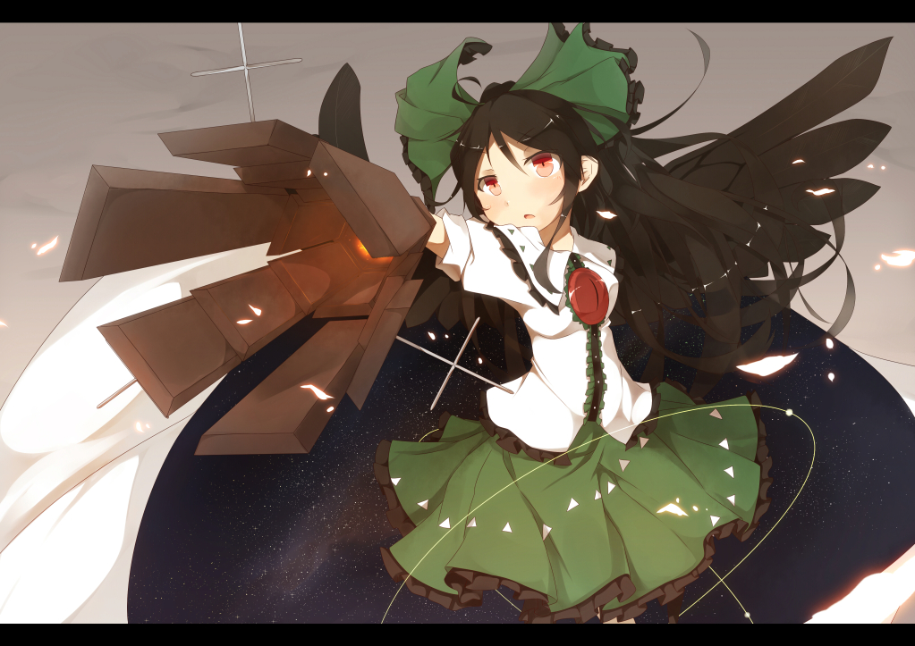 and_dokari, black_hair, blush, bow, long_hair, red_eyes, reiuji_utsuho, skirt